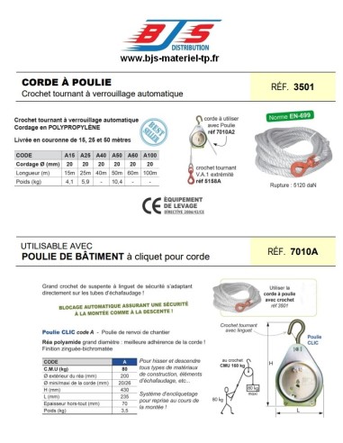 Corde à poulie avec crochet tournant à verrouillage automatique
